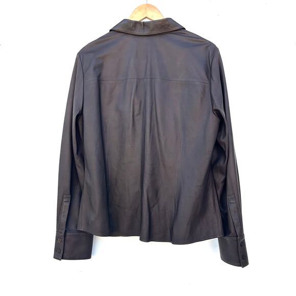 Lafayette 148 Brown Long Sleeve Lambskin Leather Ruched Top Shirt 14 Fitted - Picture 4 of 9